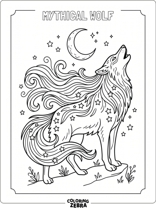 A mythical wolf with stars and a crescent moon