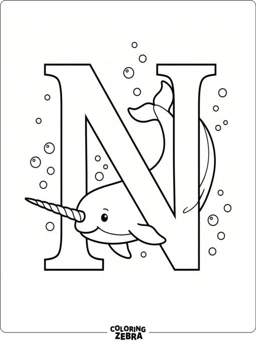 The letter N with a narwhal and bubbles