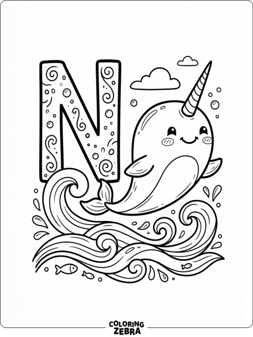 A narwhal next to a big N with small waves