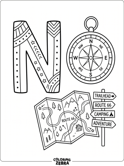 A big letter N with a compass, map, and route signs