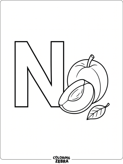A big letter N with a nectarine slice and leaf