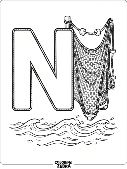 A big letter N with a fishing net and simple waves