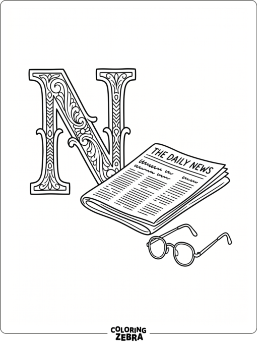 A big letter N with a newspaper and reading glasses
