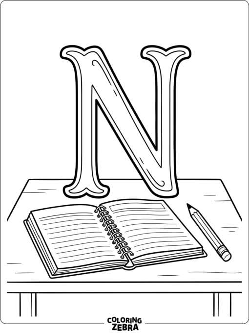 A big letter N with an open notebook and pencil