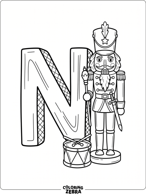 A big letter N with a nutcracker and small drum