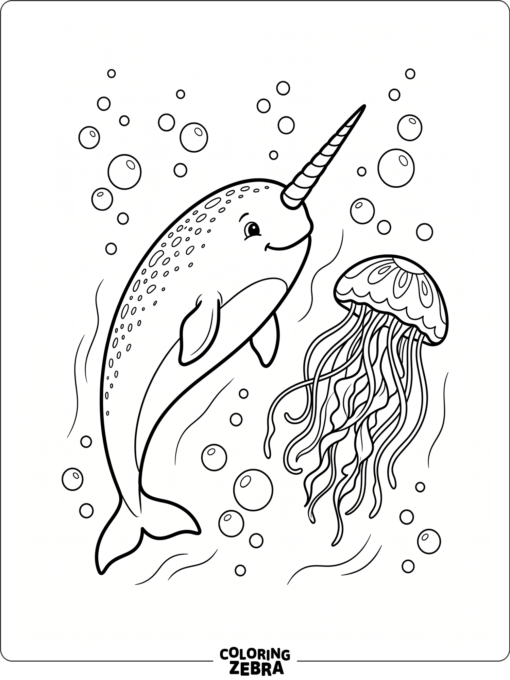A narwhal and jellyfish floating together