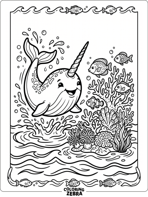 A cartoon narwhal splashing near coral