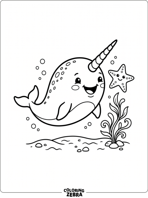 A narwhal smiling near a starfish