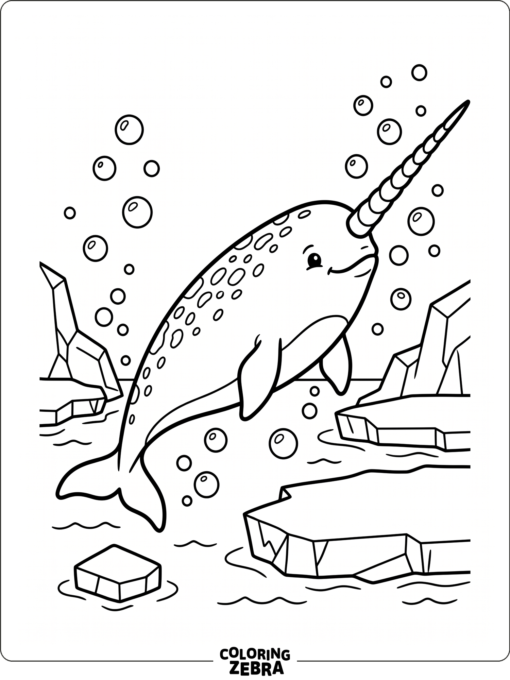 A narwhal with a tusk, bubbles, and ice