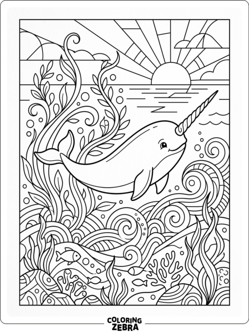 A narwhal swimming through waves and seaweed