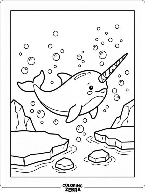 A narwhal outline with bubbles and ice