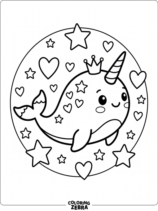 A kawaii narwhal unicorn with hearts and stars