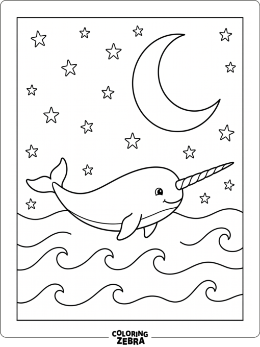 A narwhal under a moonlit sky
