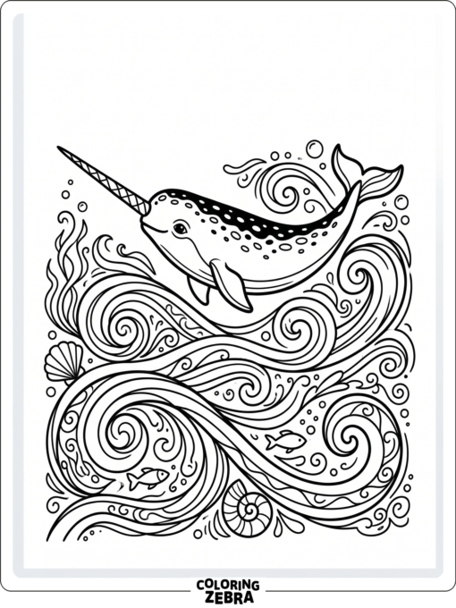 A narwhale surrounded by decorative waves