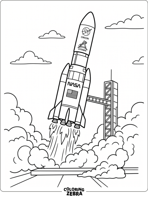 A NASA style rocket lifting off with cloud puffs