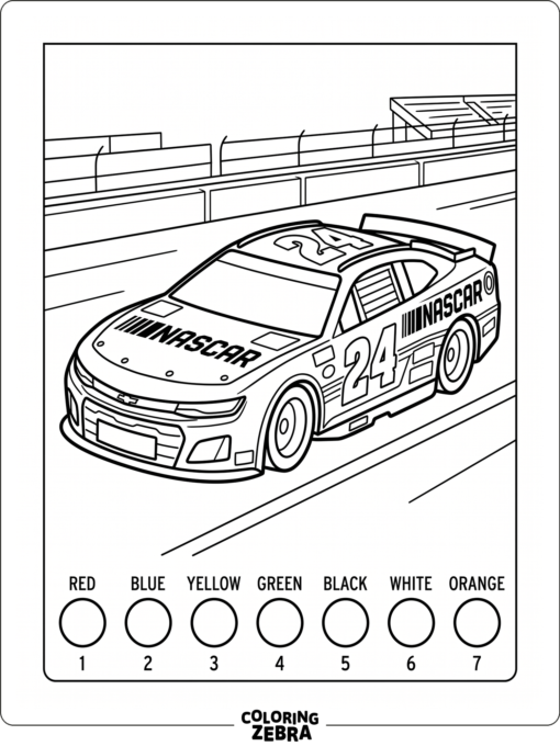 A race car with numbered sections for coloring