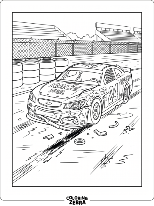 A damaged race car with a bent bumper