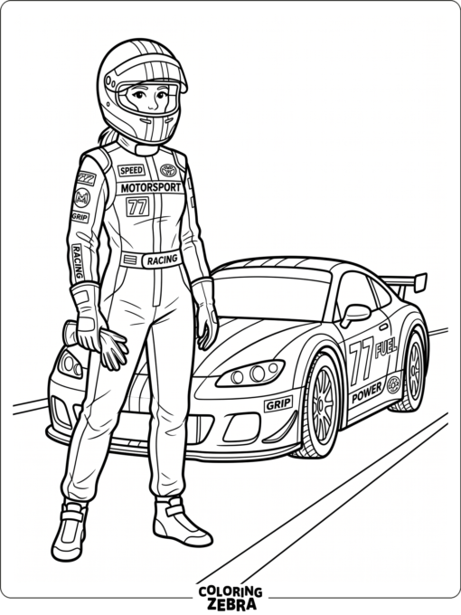 A race driver wearing a helmet and suit