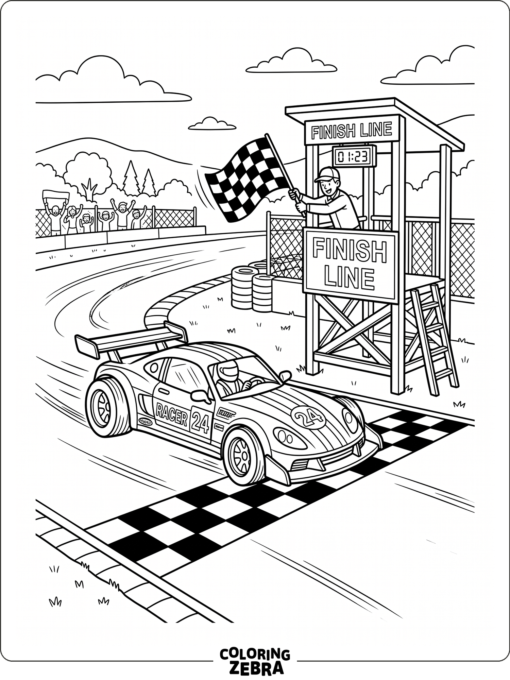 A race car crossing the finish line