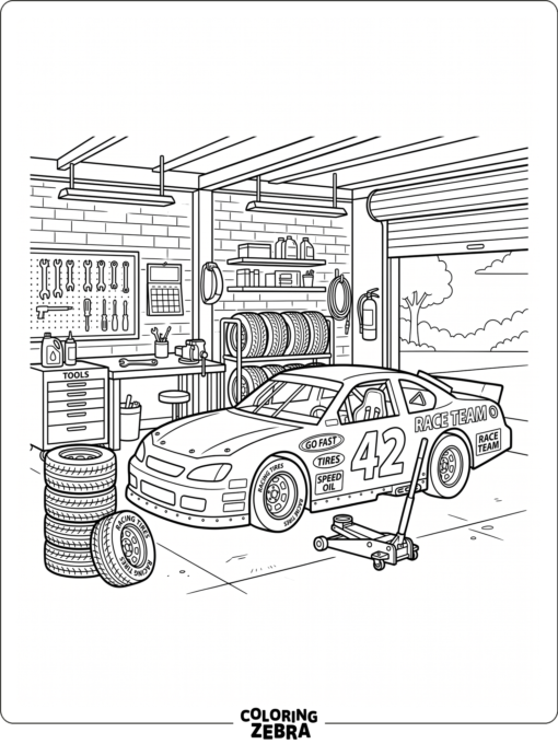 A race car in a garage with tools and tires