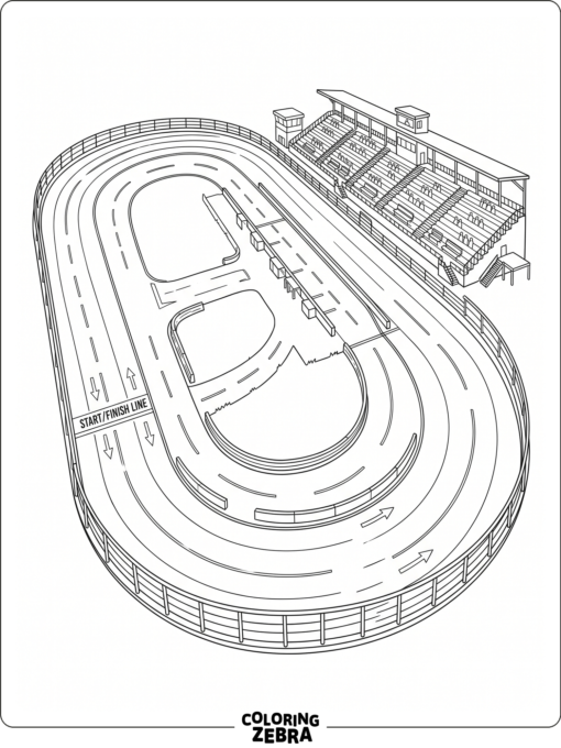 An oval track with lane markings and grandstands