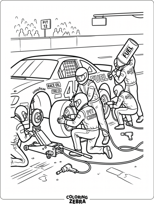 A pit stop with crew, tires, and a jack