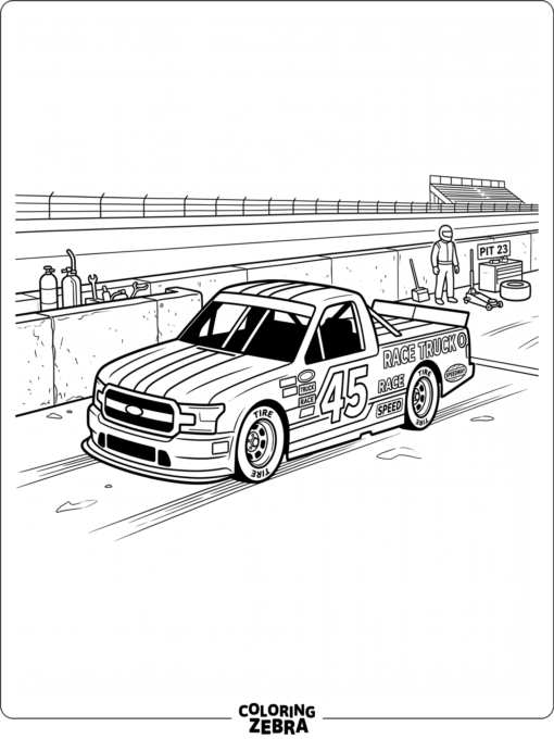 A racing truck with stripes beside a pit wall