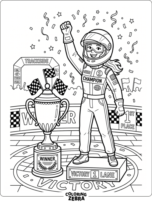 A driver celebrating with a trophy in victory lane
