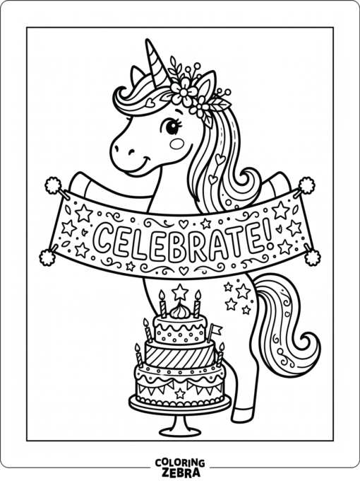 A unicorn with a banner and cake for a special celebration