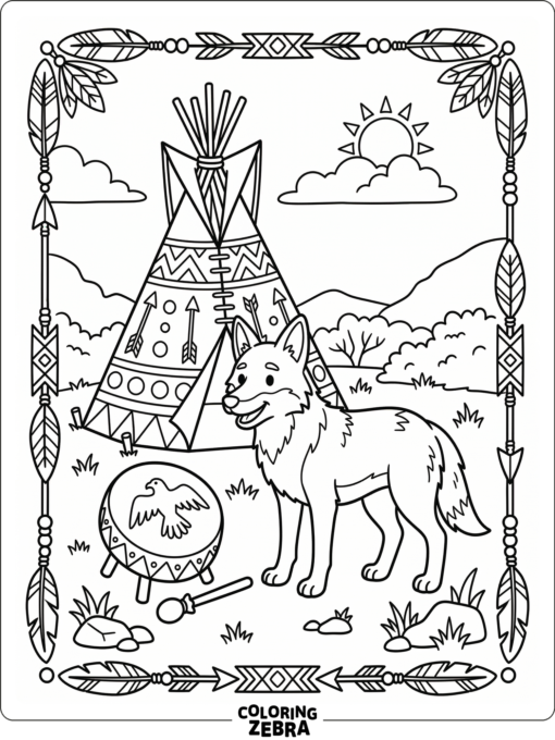 A coyote near a tipi with a drum and feather border