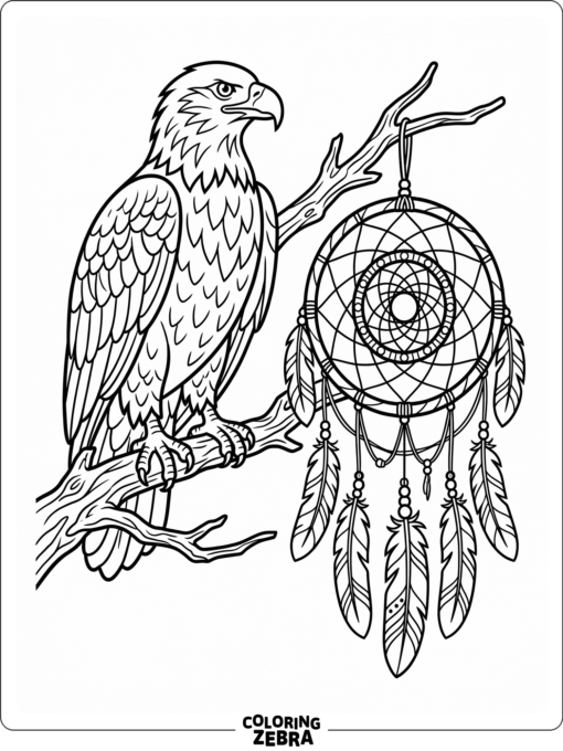 An eagle perched near a feathered dreamcatcher