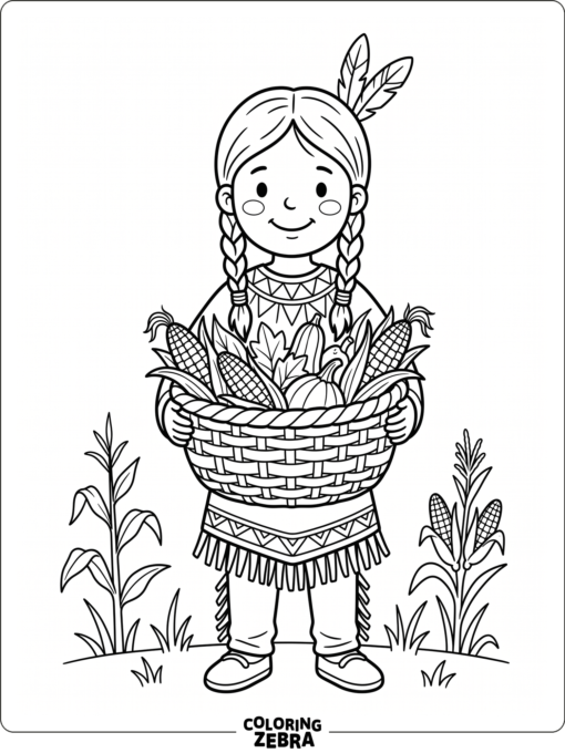 A Native American child holding a harvest basket and corn