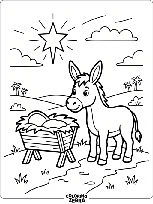 A donkey beside a manger under a star
