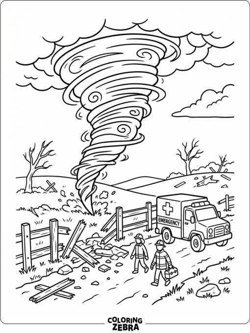 A tornado near a damaged fence and emergency truck