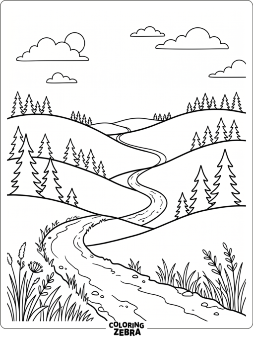 Simple natural scenery with hills, trees, and a clear path