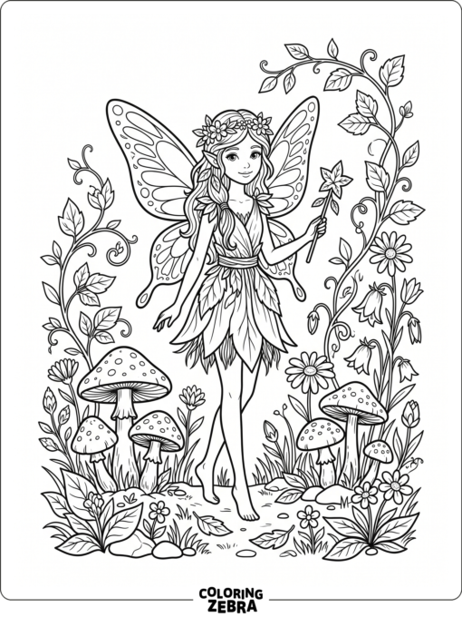 A forest fairy among mushrooms and flowers