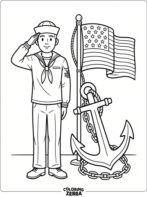 A Navy sailor saluting beside an anchor and flag