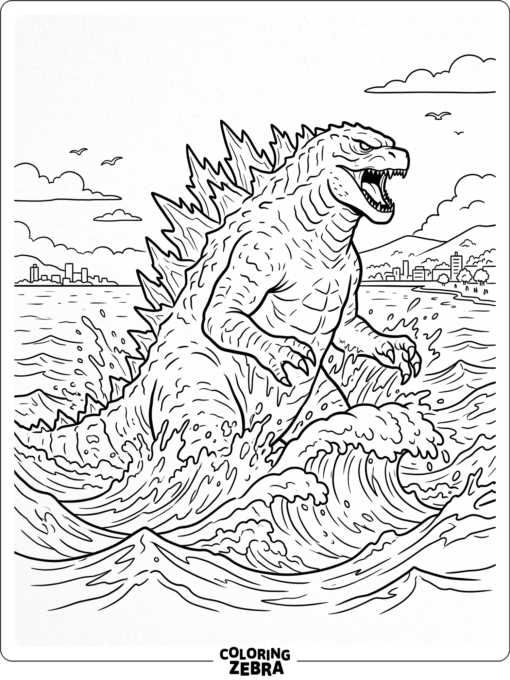 A new Godzilla rises from ocean waves near shore
