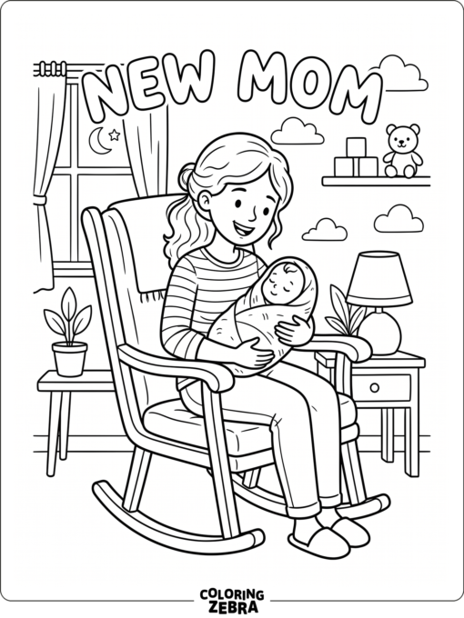 New mother holding baby in a nursery chair