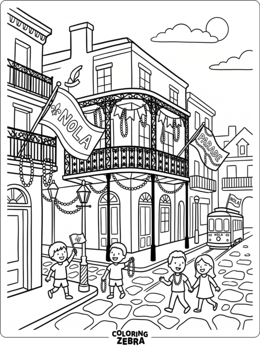 A New Orleans street with balconies and parade flags