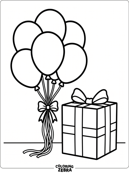 A cluster of balloons tied with ribbons beside a gift