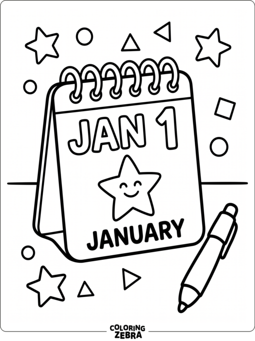 A desk calendar with a star, pen, and small confetti pieces