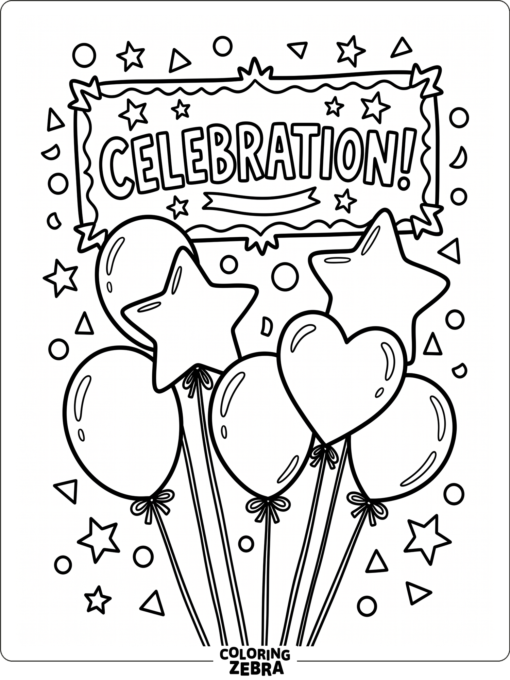 Balloons and confetti around a big celebration sign