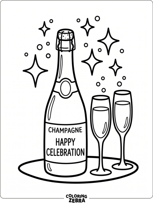A champagne bottle with two glasses and a few sparkles