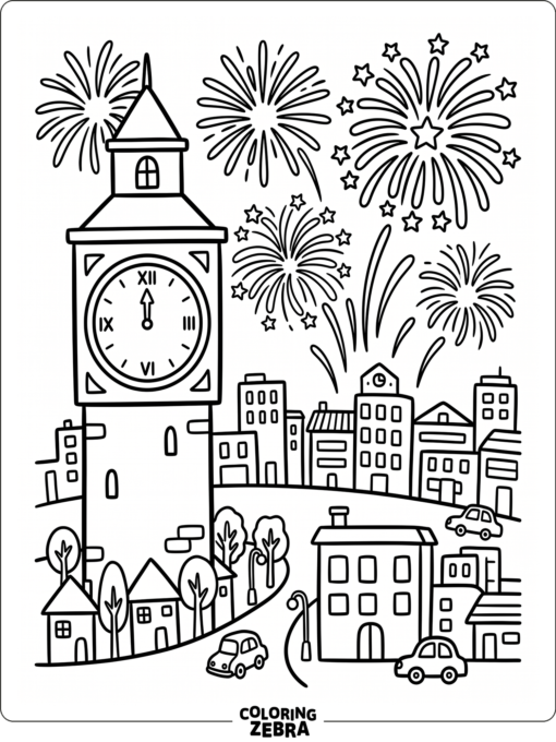 A city skyline with fireworks above a clock tower