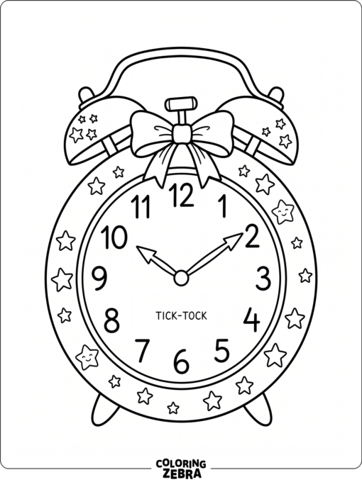 A large alarm clock with stars and a small ribbon bow