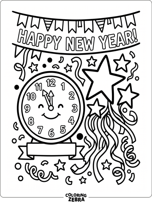 Confetti and stars surround a bold clock with a festive banner