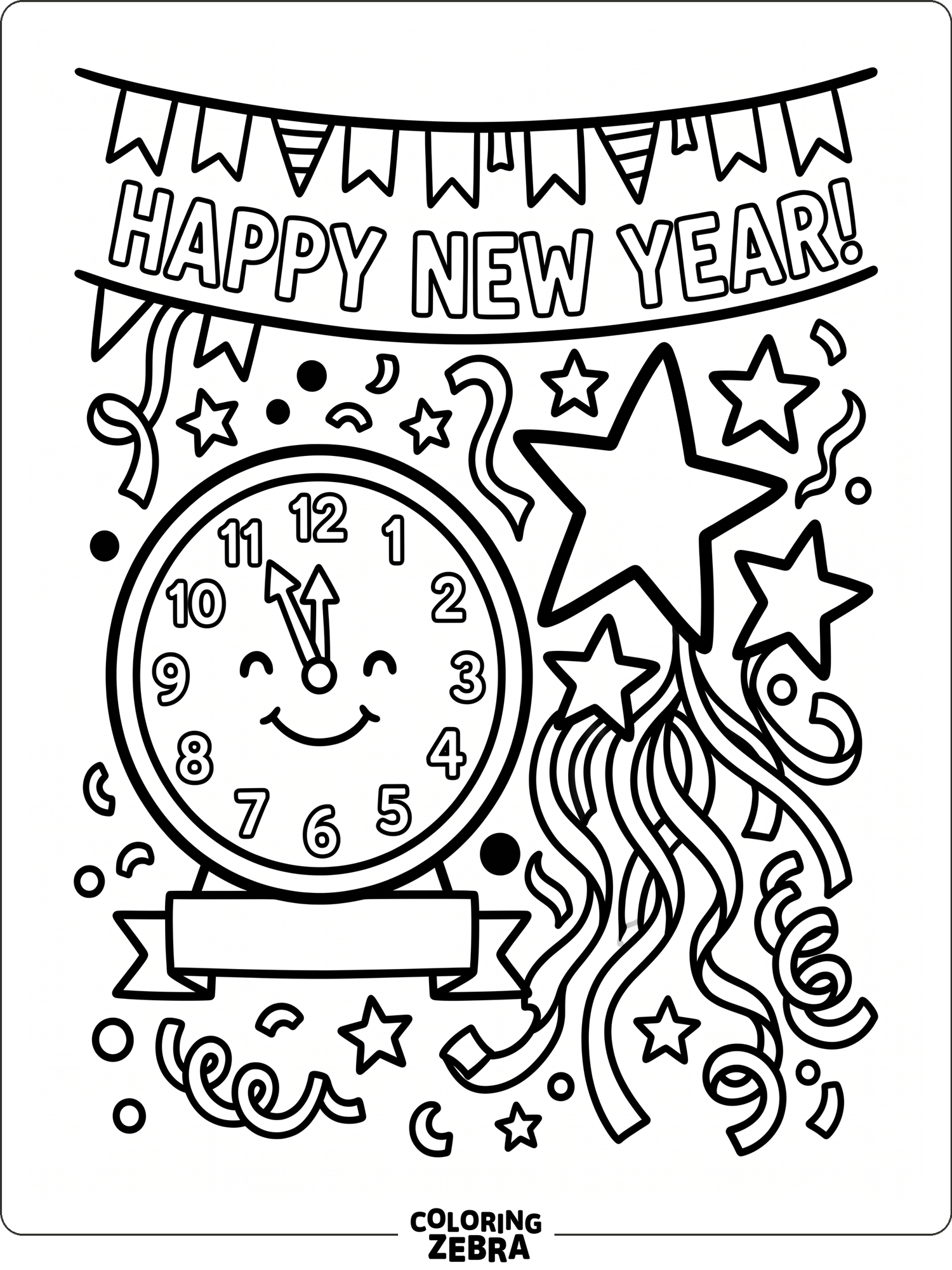 Confetti and stars surround a bold clock with a festive banner
