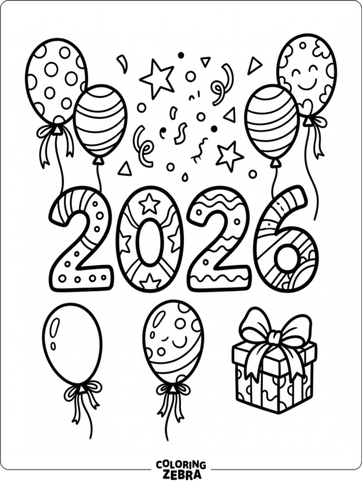 Large 2026 numbers with balloons and confetti around them