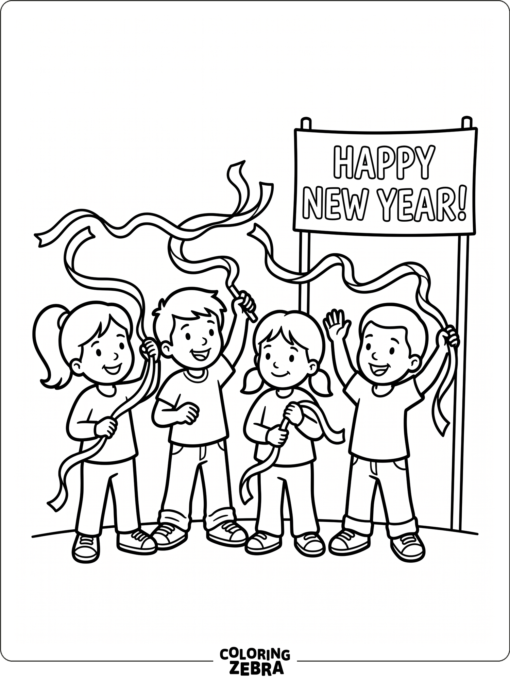 Happy kids with streamers standing near a simple New Year sign